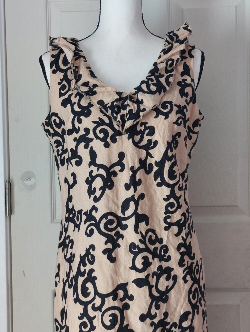LENNIE FOR NINA LEONARD Beige Black Ornate Print Linen Rayon Dress Size 6